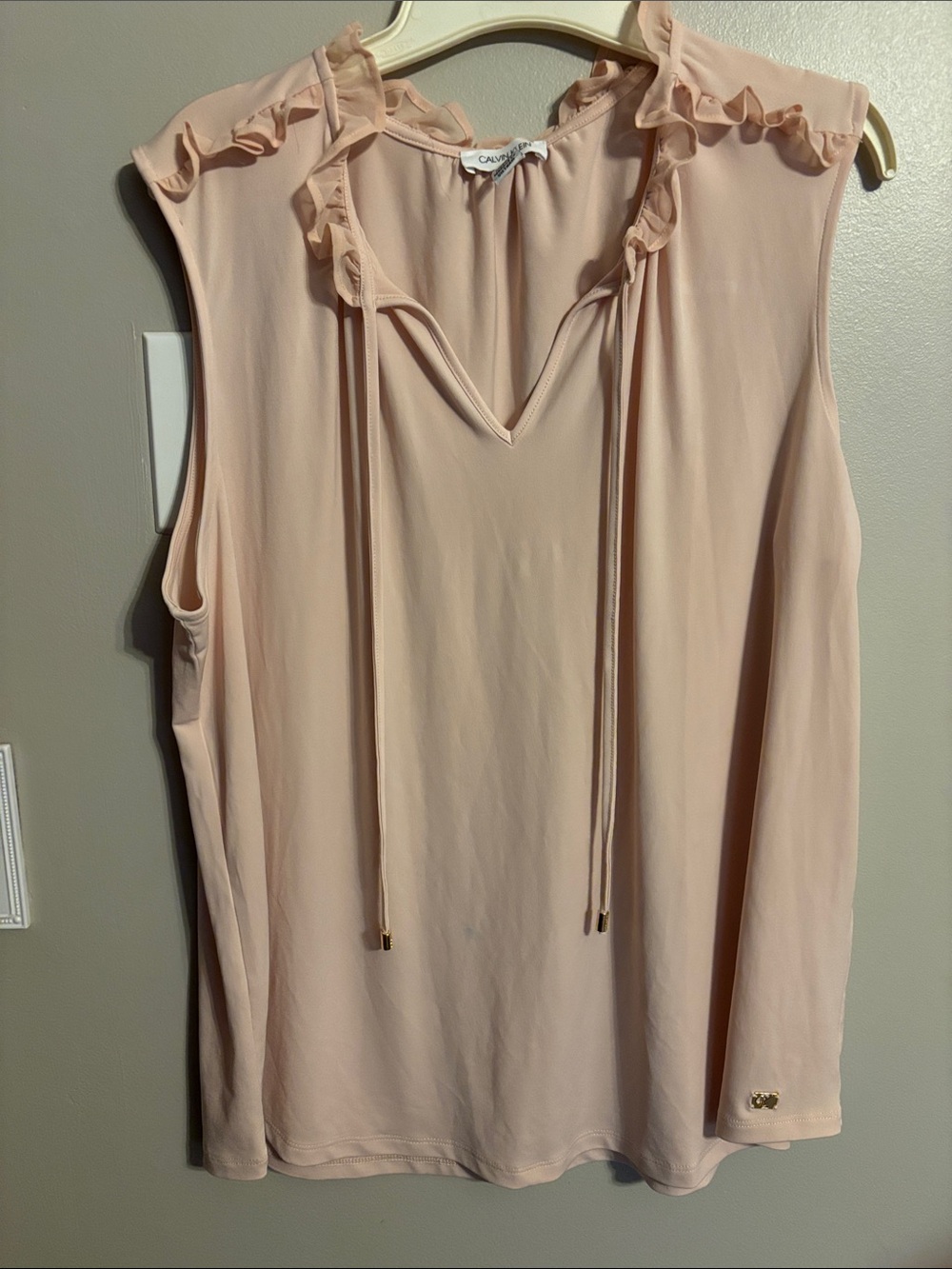 Calvin Klein Blush Pink Sleeveless Tie-Neck Ruffle Top